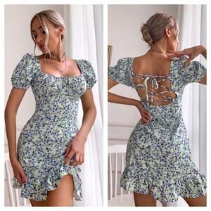 Zara Purple Green Floral Mini Dress Small Lace Up Back Puff Sleeve Coquette